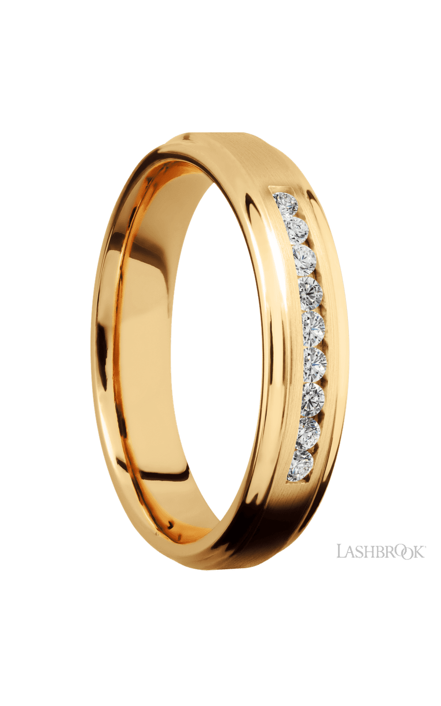 5 mm wide/Flat Grooved Edges/14K Yellow Gold band with an  arrangement of 9, .03 carat Round Diamond stones in a Channel setting.