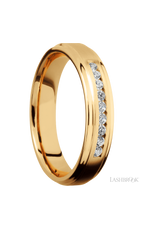 5 mm wide/Flat Grooved Edges/14K Yellow Gold band with an  arrangement of 9, .03 carat Round Diamond stones in a Channel setting.