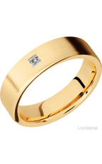 6 mm wide/Flat/14K Yellow Gold band with an  arrangement of 1, .1 carat Princess Diamond stones in a Flush setting.
