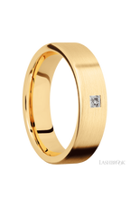 6 mm wide/Flat/14K Yellow Gold band with an  arrangement of 1, .1 carat Princess Diamond stones in a Flush setting.