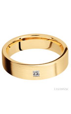 6 mm wide/Flat/14K Yellow Gold band with an  arrangement of 1, .1 carat Princess Diamond stones in a Flush setting.