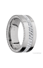 8 mm wide/Flat/14K White Gold band with a Side Eternity arrangement of .01 carat Round Diamond stones in a Bead Channel setting and featuring a a 2 Row Eternity arrangement of .015 carat Round Diamond stones in a Bead Channel setting