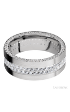 8 mm wide/Flat/14K White Gold band with a Side Eternity arrangement of .01 carat Round Diamond stones in a Bead Channel setting and featuring a a 2 Row Eternity arrangement of .015 carat Round Diamond stones in a Bead Channel setting