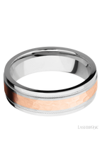 7 mm wide/Flat Stepped Edges Milgrain/Cobalt Chrome band with one 3 mm Centered inlay of 14K Rose Gold.