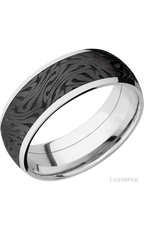 8 mm wide/Domed/Cobalt Chrome band with one 6 mm Centered inlay of Zirconium with a laser carved Escher 1 pattern.
