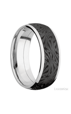 8 mm wide/Domed/Cobalt Chrome band with one 6 mm Centered inlay of Zirconium with a laser carved Escher 1 pattern.