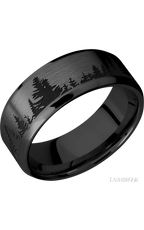 8 mm wide/Beveled/Zirconium band with a laser carved Trees pattern.