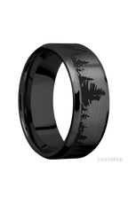 8 mm wide/Beveled/Zirconium band with a laser carved Trees pattern.