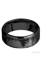 8 mm wide/Beveled/Zirconium band with a laser carved Trees pattern.