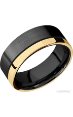8 mm wide/Flat/Zirconium band with one 2 mm Off Center Edge inlay of 14K Yellow Gold.