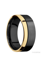 8 mm wide/Flat/Zirconium band with one 2 mm Off Center Edge inlay of 14K Yellow Gold.