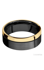 8 mm wide/Flat/Zirconium band with one 2 mm Off Center Edge inlay of 14K Yellow Gold.