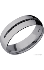 7 mm wide/Domed/Tantalum band with a Half Eternity arrangement of .015 carat Round Black Diamond stones in a Channel setting.