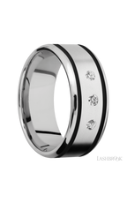 9 mm wide/Beveled/Cobalt Chrome band with  two 1 mm Wide inlays of Black and featuring an  arrangement of 3, .05 carat Round Diamond stones in a Flush setting
