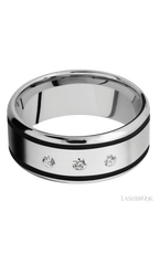 9 mm wide/Beveled/Cobalt Chrome band with  two 1 mm Wide inlays of Black and featuring an  arrangement of 3, .05 carat Round Diamond stones in a Flush setting
