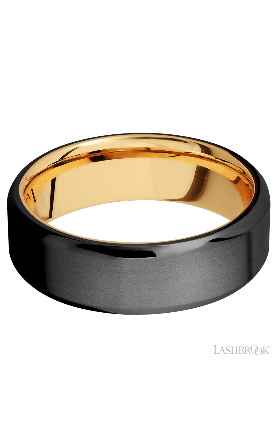 7 mm wide Beveled Zirconium band featuring a 14K Yellow Gold sleeve.