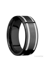 8 mm wide/Flat/Zirconium band with two 1 mm Wide inlays of 14K White Gold.