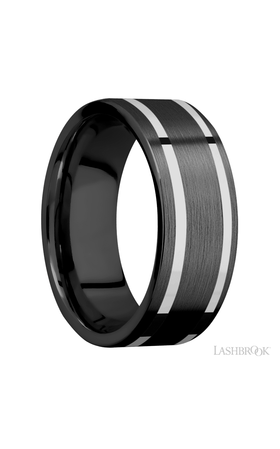 8 mm wide/Flat/Zirconium band with two 1 mm Wide inlays of 14K White Gold.