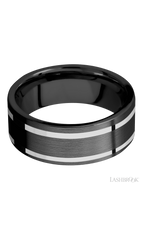 8 mm wide/Flat/Zirconium band with two 1 mm Wide inlays of 14K White Gold.