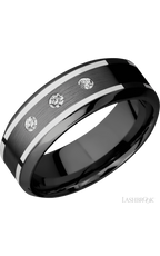 8 mm wide/High Bevel/Zirconium band with  two 1 mm Wide inlays of 14K White Gold and featuring an  arrangement of 3, .05 carat Round Diamond (ST) stones in a Flush setting