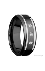 8 mm wide/High Bevel/Zirconium band with  two 1 mm Wide inlays of 14K White Gold and featuring an  arrangement of 3, .05 carat Round Diamond (ST) stones in a Flush setting