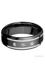 8 mm wide/High Bevel/Zirconium band with  two 1 mm Wide inlays of 14K White Gold and featuring an  arrangement of 3, .05 carat Round Diamond (ST) stones in a Flush setting