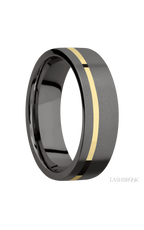 7 mm wide/Flat/Tantalum Noir band with one 1 mm Off Center inlay of 14K Yellow Gold.