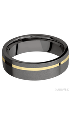 7 mm wide/Flat/Tantalum Noir band with one 1 mm Off Center inlay of 14K Yellow Gold.