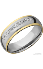 7 mm wide/Domed Stepped Down Edges/Cobalt Chrome band with an  arrangement of 9, .05 carat Round Lab Grown Diamond stones in a Channel setting and featuring two 1 mm Edge inlays of 14K Yellow Gold