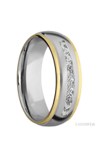 7 mm wide/Domed Stepped Down Edges/Cobalt Chrome band with an  arrangement of 9, .05 carat Round Lab Grown Diamond stones in a Channel setting and featuring two 1 mm Edge inlays of 14K Yellow Gold