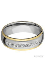 7 mm wide/Domed Stepped Down Edges/Cobalt Chrome band with an  arrangement of 9, .05 carat Round Lab Grown Diamond stones in a Channel setting and featuring two 1 mm Edge inlays of 14K Yellow Gold