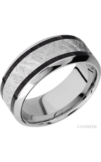 9 mm wide/High Bevel/Cobalt Chrome band featuring inlays of Dinosaur Bone Black and Meteorite.
