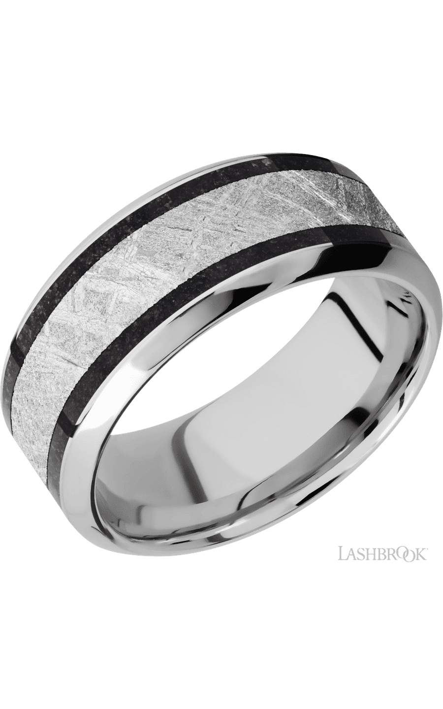 9 mm wide/High Bevel/Cobalt Chrome band featuring inlays of Dinosaur Bone Black and Meteorite.