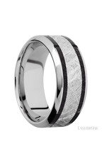 9 mm wide/High Bevel/Cobalt Chrome band featuring inlays of Dinosaur Bone Black and Meteorite.
