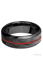 8 mm wide/High Bevel/Zirconium band featuring inlays of Forged Carbon Fiber and USMC Red.