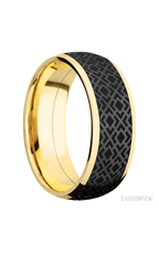 8 mm wide/Domed/14K Yellow Gold band with one 6 mm Centered inlay of Zirconium with a laser carved Trellis 2 pattern.