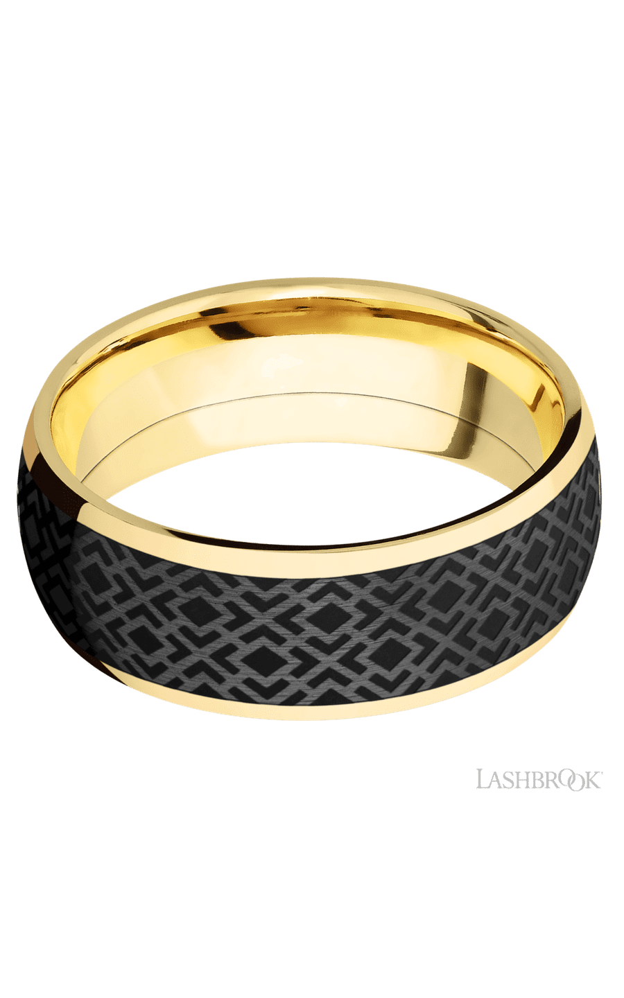 8 mm wide/Domed/14K Yellow Gold band with one 6 mm Centered inlay of Zirconium with a laser carved Trellis 2 pattern.