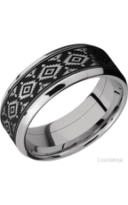 8 mm wide/Beveled/Cobalt Chrome band with one 6 mm Centered inlay of Tantalum with a laser carved Aztec 2 pattern.