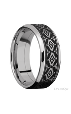 8 mm wide/Beveled/Cobalt Chrome band with one 6 mm Centered inlay of Tantalum with a laser carved Aztec 2 pattern.