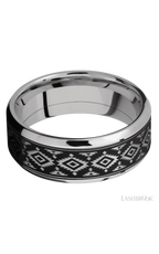 8 mm wide/Beveled/Cobalt Chrome band with one 6 mm Centered inlay of Tantalum with a laser carved Aztec 2 pattern.