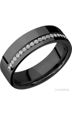 7 mm wide/Flat/Zirconium band with a Off Center Half Eternity arrangement of .015 carat Round Diamond stones in a Bead setting.