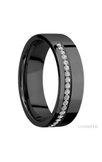 7 mm wide/Flat/Zirconium band with a Off Center Half Eternity arrangement of .015 carat Round Diamond stones in a Bead setting.