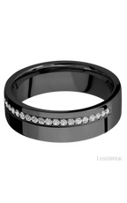7 mm wide/Flat/Zirconium band with a Off Center Half Eternity arrangement of .015 carat Round Diamond stones in a Bead setting.