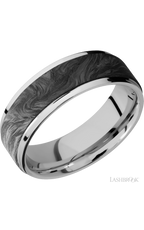 7 mm wide/Flat Grooved Edges/Cobalt Chrome band with one 5 mm Raised Centered inlay of Forged Carbon Fiber.