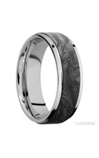 7 mm wide/Flat Grooved Edges/Cobalt Chrome band with one 5 mm Raised Centered inlay of Forged Carbon Fiber.