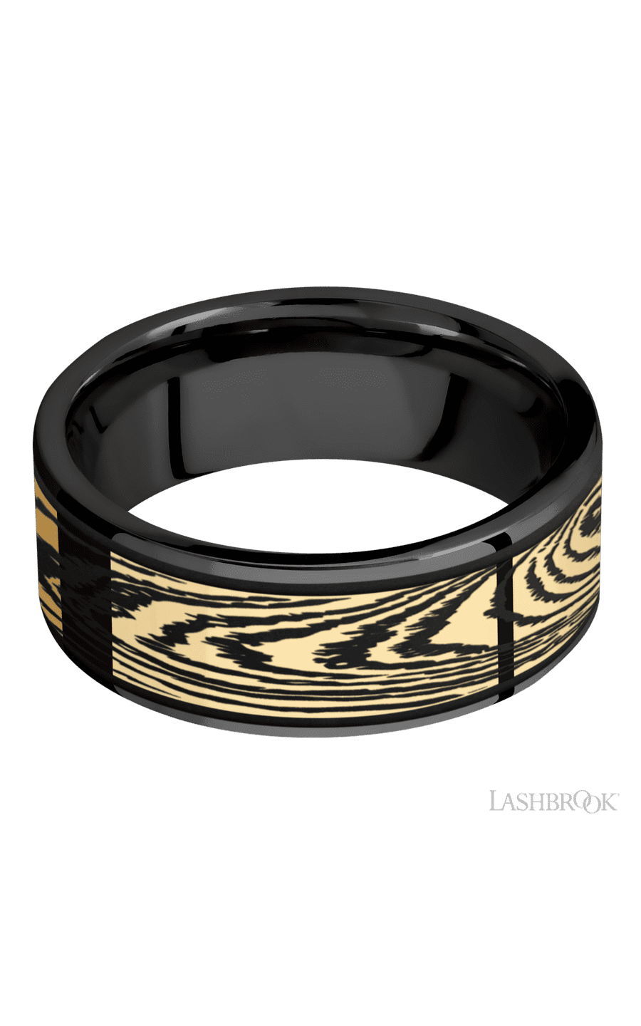 8 mm wide/Flat/Zirconium band with one 6 mm Centered inlay of 14K Yellow Gold with a laser carved Woodgrain pattern.