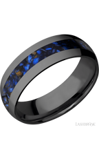 7 mm wide/Domed/Zirconium band with one 3 mm Centered inlay of Blue Tiger Eye.