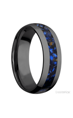 7 mm wide/Domed/Zirconium band with one 3 mm Centered inlay of Blue Tiger Eye.