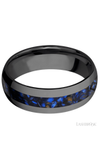 7 mm wide/Domed/Zirconium band with one 3 mm Centered inlay of Blue Tiger Eye.