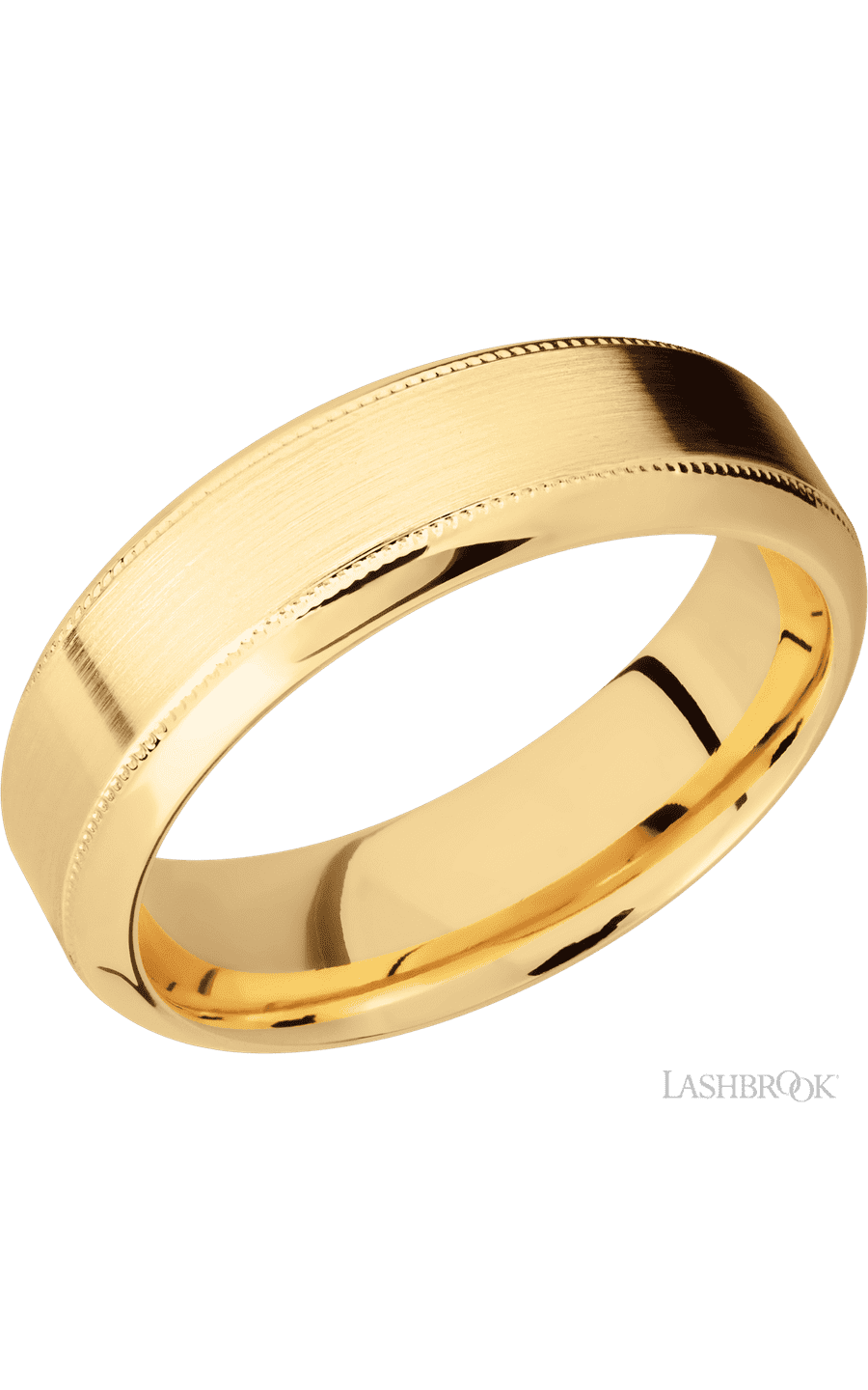 7 mm wide High Bevel Milgrain 14K Yellow Gold band.